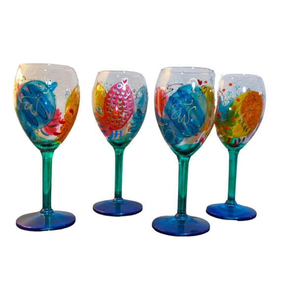 Set of 4 Hand Painted Wine Glasses - Picture 3 of 8